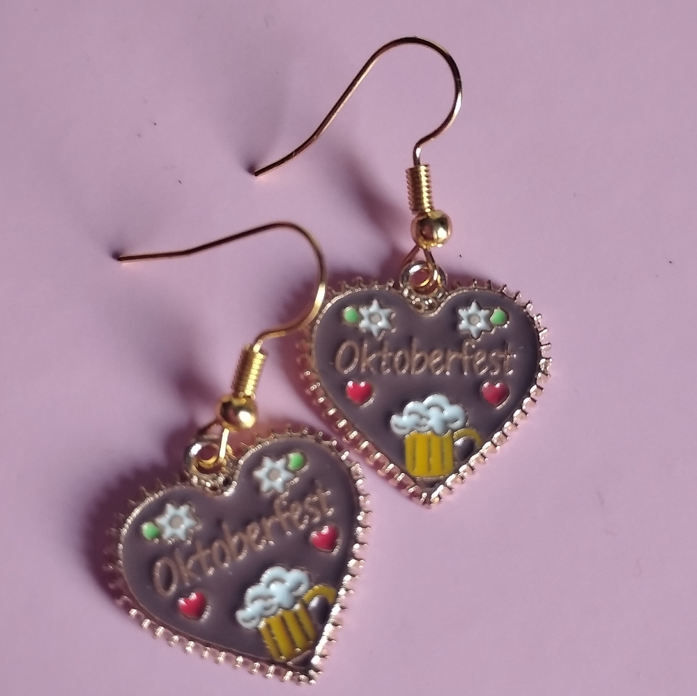 Oktoberfest Beer Heart German Earrings 18k Gold Plated Nickel Free Hooks
